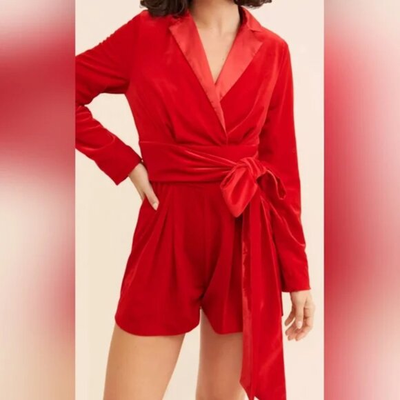 Anthropologie Ciebon Celine Wrap Front Velvet Red Romper size S - Picture 2 of 7